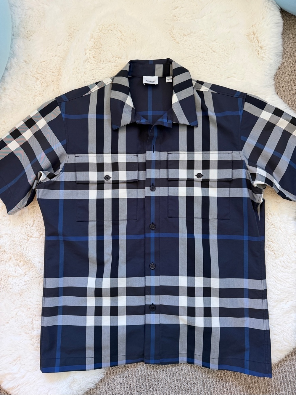 Burberry Short-Sleeve Plaid Button-Up Sport Shirt S - Navy